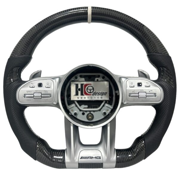 BENZ AMG 19款 競技型 左右透氣皮 握把卡夢 變形蟲方向盤 銀 白定位圈 白線