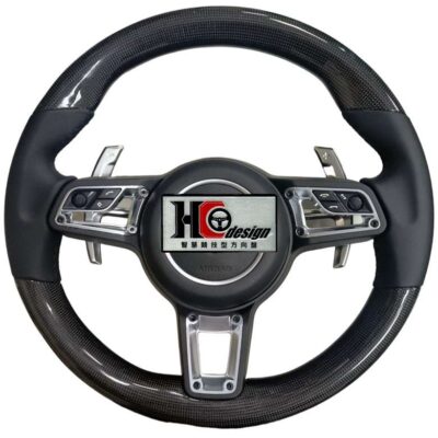 PORSCHE 21款 NAPPA皮 卡夢 碳纖維 圓形方向盤 銀