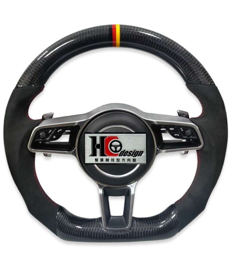PORSCHE 碳纖維麂皮 方向盤(三色定圈、紅色縫線)