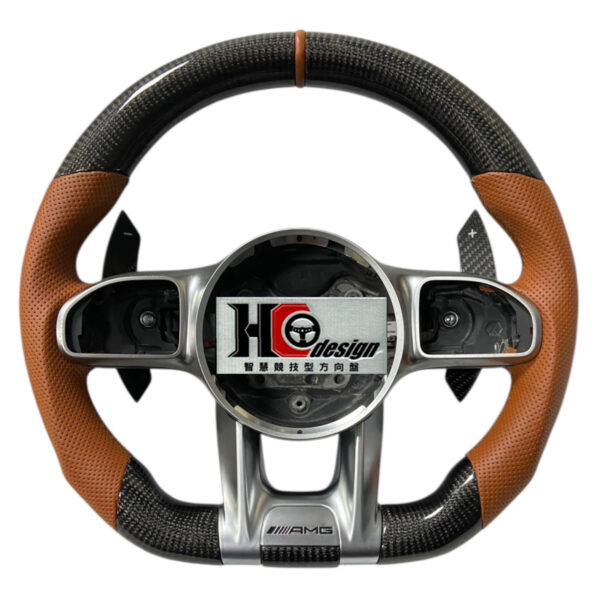 BENZ AMG 19款 競技型 左右深褐色氣皮 方向盤 銀 深褐色定位圈 卡夢撥片