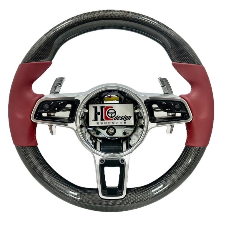 PORSCHE 21款 NAPPA皮 卡夢 碳纖維 圓形方向盤 酒紅 銀